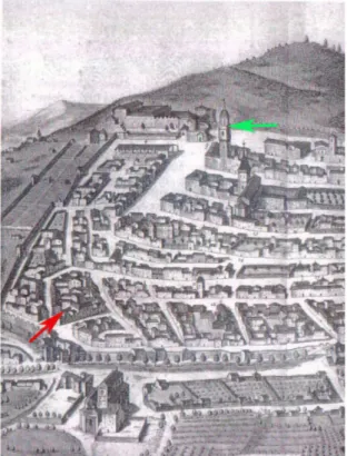Figura 3: La posizione delle due chiese nella città. In rosso San Sebastiano, vicina alla cattedrale di Santa Maria  e in verde San Giovanni, sulla Platea, la grande strada principale