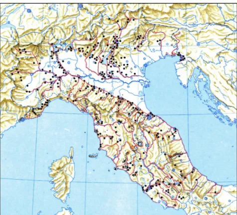 Figura 2: Cartina dell'Italia Centro-Settentrionale, con i siti eneolitici e le  principali vie di comunicazione (Chiarenza, Lambertini, 2006)