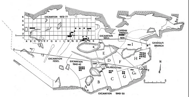 Figura 15: Pianta del settore orientale della Caverna delle Arene Candide; sono segnalate le principali  aree di scavo dei diversi studiosi (da AA.VV