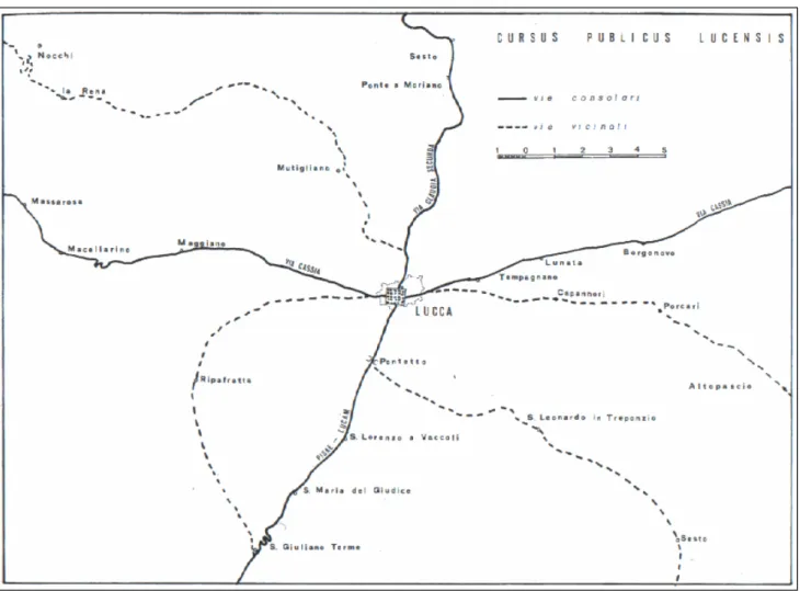 Figura 1.1a – Lucca romana: rete viaria primaria e secondaria (da Riparbelli, 1982).   