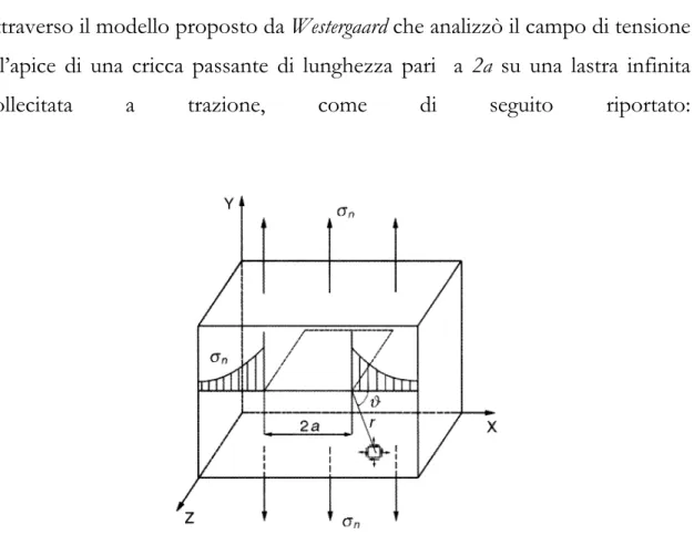 Fig. 5.3 : Schema degli sforzi per una lastra piana illimitata con intaglio passante,  sollecitata a trazione 