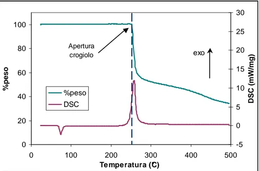 Fig. 5.3: Risultati di una prova TG-DSC con 2-cloro- 6-nitrobenzaldeide. 