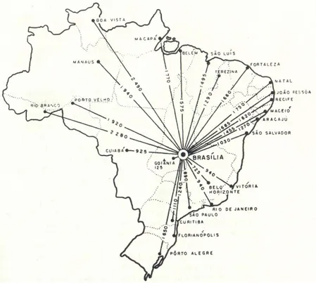 Figura 2 - Distanza tra Brasilia e le altre città, da: Holston, James, The modernist city: an  antropological critique of Brasilia, Chicago, The University of Chicago press, 1989, p.19