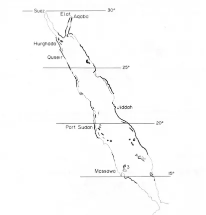 Figura 1.3. Mappa del Mar Rosso che mostra le aree di sviluppo delle scogliere di  frangenti con linee nere più spesse sulla costa, mentre le aree senza scogliere  estese sono indicate con linea tratteggiata (da Head, 1987)