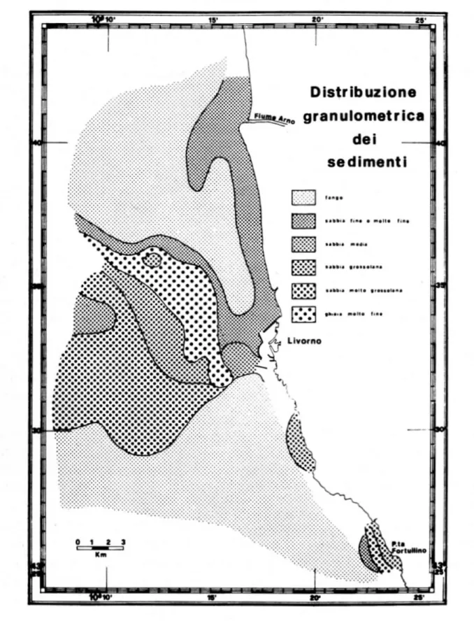 Fig. 4.2 : Distribuzione dei sedimenti nell’area della Meloria (da Fierro et al., 1969)