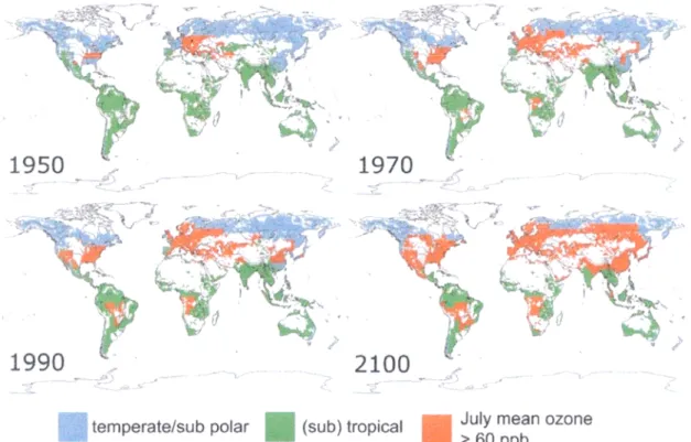 Figura 2-1: Superficie forestale globale in cui i picchi di concentrazione in Luglio superano il valore  di 60 ppb (Fowler et al., 1999).