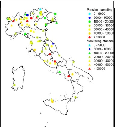 Figura 2-4:Valori medi di AOT40 forestale misurati nel periodo 2000-2003 in Italia (Ferretti et al.,2006)