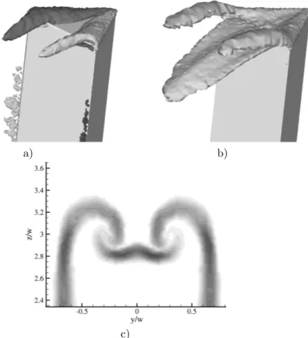 Figure 2.11 Numerical visualization of the upper-wake vorticity field from [9]: a)