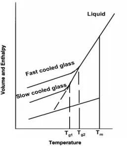 Figure 1.1: Temperature dependence of the volume (Enthalpy) of a glass former. T m is