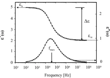 Figure 2.1: Frequency dependence of the real ε 0 and the secondary part ε 00 of the complex