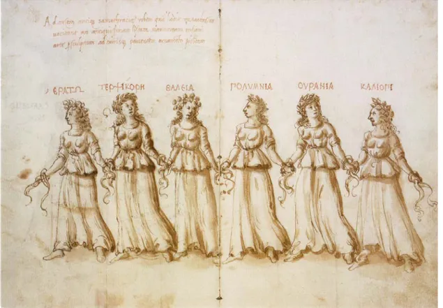 Fig. 8-a: Ciriaco d’Ancona (1391-1452), Carola delle Muse, dopo 1485, Firenze, Biblioteca  Medicea Laurenziana, Ashburnham 1174, cc