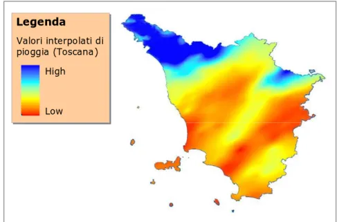 Figura 8.23 Distribuzione spaziale dei valori interpolati di pioggia sul territorio della  Regione Toscana 