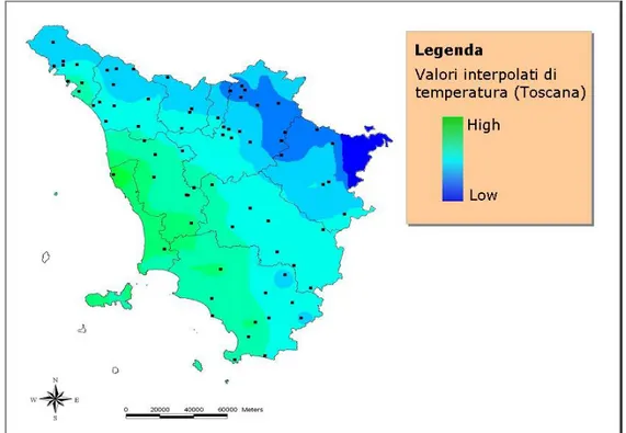 Figura 8.30 Distribuzione spaziale dei valori interpolati di temperatura sul territorio della  Regione Toscana 