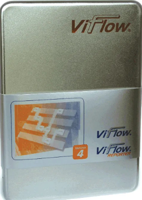 Fig. 3.1 Il Pacchetto di software ViFlow-ViFlow Reporter ( courtesy of ViCon GmbH )  I principali vantaggi che hanno permesso al software ViFlow di imporsi sul mercato  sono sicuramente la facilità d’uso e d’illustrazione dei processi, che risultano alla  