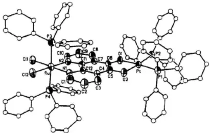Figura 1.14: Struttura molecolare del complesso (PPh 3 ) 2 Pt(O,O′-C 12 H 6 N 2 O 2 -N,N′)Ru(PPh 3 ) 2 Cl
