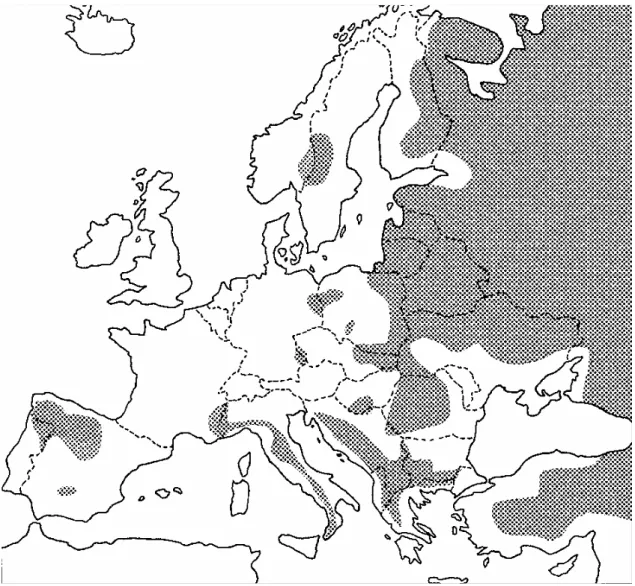 Fig. 1.3.2 – Distribuzione del lupo in Europa (Modificata da Mech e Boitani 2003). 