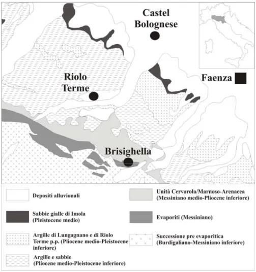 Fig. n. 2. Carta geologica della Romagna (modificato da Cerrina Ferroni (ed.),  carta Geologico-Strutturale dell’Appennino Romagnolo, scala 1:25000, anno 2002)