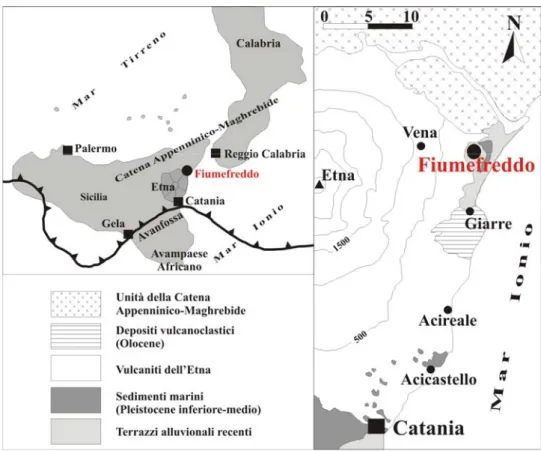 Fig. n. 3. Carta geologica di Fiumefreddo (Catania). (Modificata  da Lanzafame et al., 1999; Di Stefano &amp; Branca, 2002)