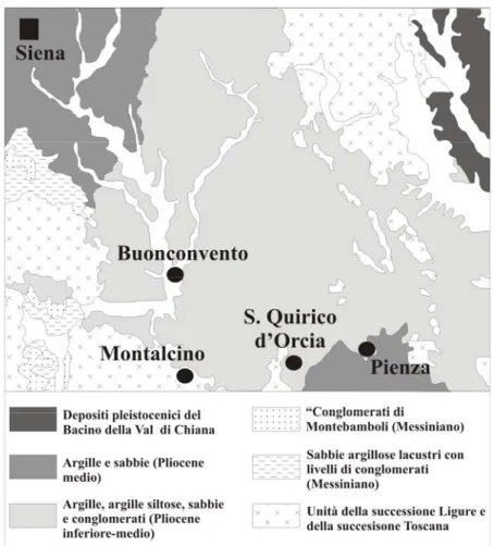 Fig. n. 9. Carata geologica di San Quirico d’Orcia (Siena)   (modificato da Bonini &amp; Sami, 2001)
