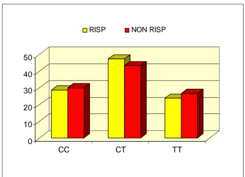 Figura  4.7:  distribuzione  dei  genotipi  per  lo  SNP  C3435T  al  locus  MDR1    tra 