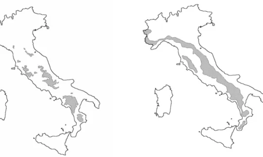 Figura 1.2 Distribuzione del lupo in Italia a) 1974 (Cagnolaro et al., 1974), b) 2005 