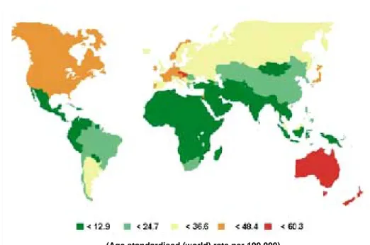 Figure 2 Worldwide incidence of colorectal in males (Modified from Parkin et al, 2005) 