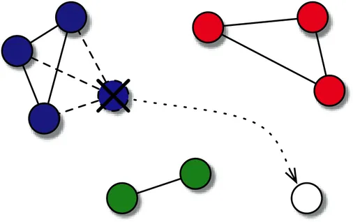 Figure 4.2: Particles are linked to all the other particles in the same cluster. Clusters with a number of particles greater than the average are reduced and the exceeding particles reinitialized (see the particle in white).