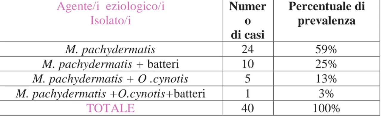 Tab. 7.3. Cani con otite esterna positivi per Malassezia: prevalenza di M. 