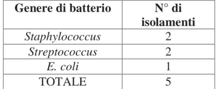 Tab. 7.14. Numero di gatti positivi alla batteriologia distinti sulla base del  genere isolato 