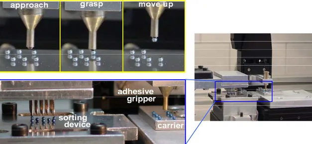 Figure 7: Loading of the spheres on the tray: the spheres are first arranged in a matrix by  the electrostatic sorter, then grasped and released by the adhesive gripper