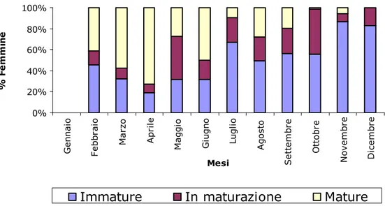 Fig. 4.3.2 – Percentuale di tutte le femmine nei   tre stadi maturativi accorpata in un “anno ideale”