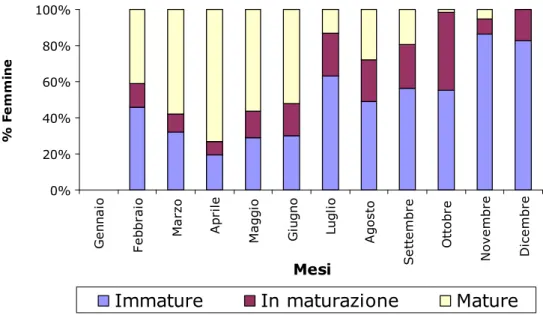 Fig. 4.3.3 – Percentuale delle femmine adulte (LC ≥ 17 mm) nei tre stadi  maturativi accorpata in un “anno ideale”
