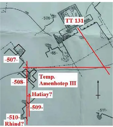Figura 2. Elaborazione della mappa fornita da F. Kampp, con la collocazione delle tombe discusse  e un’ipotesi sulla collocazione della tomba di Hatiay 