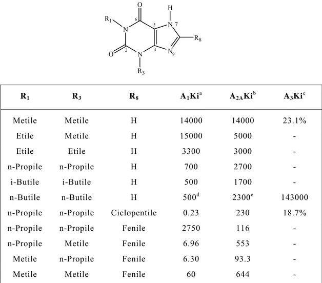 Tabella 11.  Affinità di legame per il recettore dell’adenosina di 