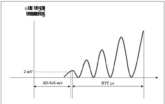 Figura 3.2 .  Analisi del segnale ultrasonico per il calcolo dell'AD-SoS  (velocità  ampiezza-dipendente)  e  del  BTT  (tempo  di  trasmissione del segnale attraverso il tessuto osseo)