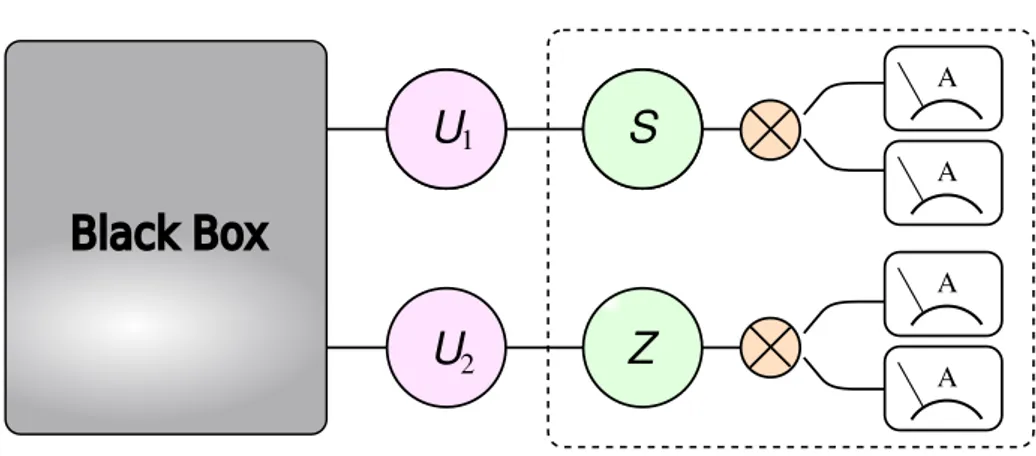 Figure 5.1: Upgrade setup. The local gates U 1 and U 2 act respectively before