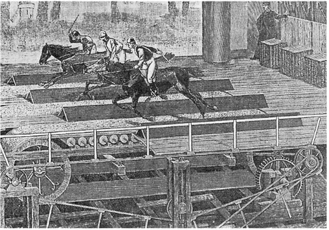 Figura 1.2: Corsa di cavalli simulata sul treadmill avuta luogo al Varieties Theater. Illustrazione da [ 1 ].
