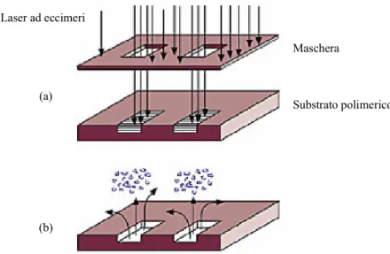 Figura 1.12.  Rappresentazione schematica dell’ablazione laser: (a) esposi- esposi-zione e (b) ablaesposi-zione 