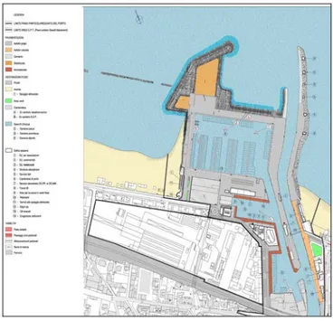 Fig. 3.16.    Planimetria dell’area portuale con ubicazione dei mixers (da 1 a 5) e delle  idrovore (6) 