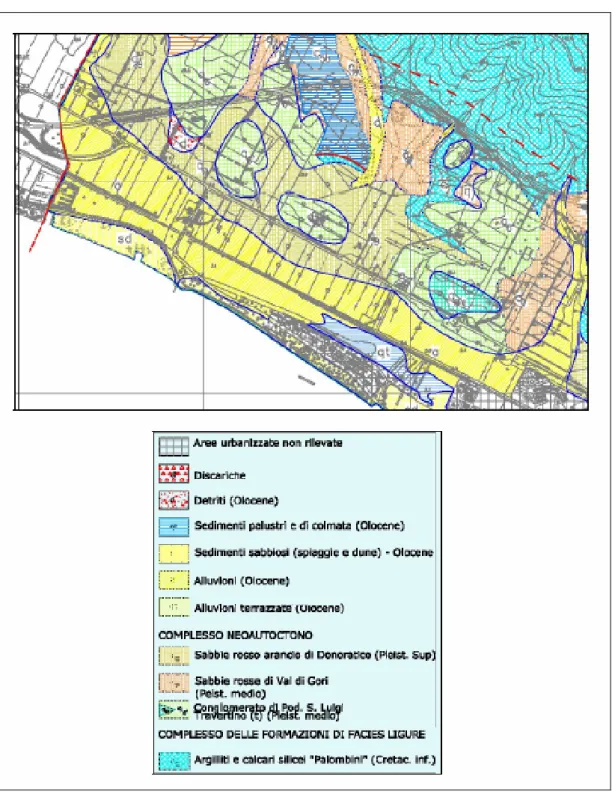 Fig. 4.27. Carta geologica: stralcio tavola 11a Piano Strutturale Comune di   Follonica              e stralcio legenda