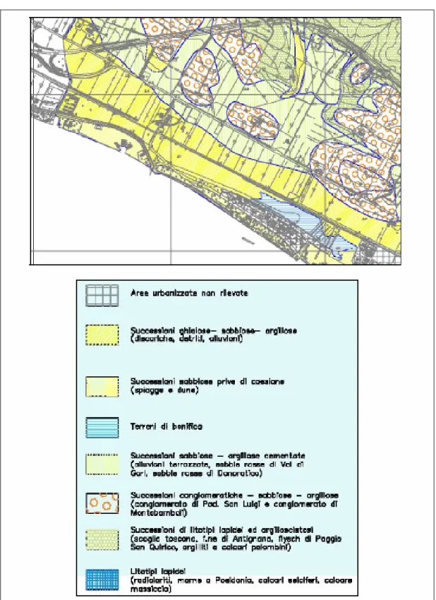Fig. 4.28. Carta litotecnica: stralcio tavola 11b Piano Strutturale Comune di Follonica                e stralcio legenda 