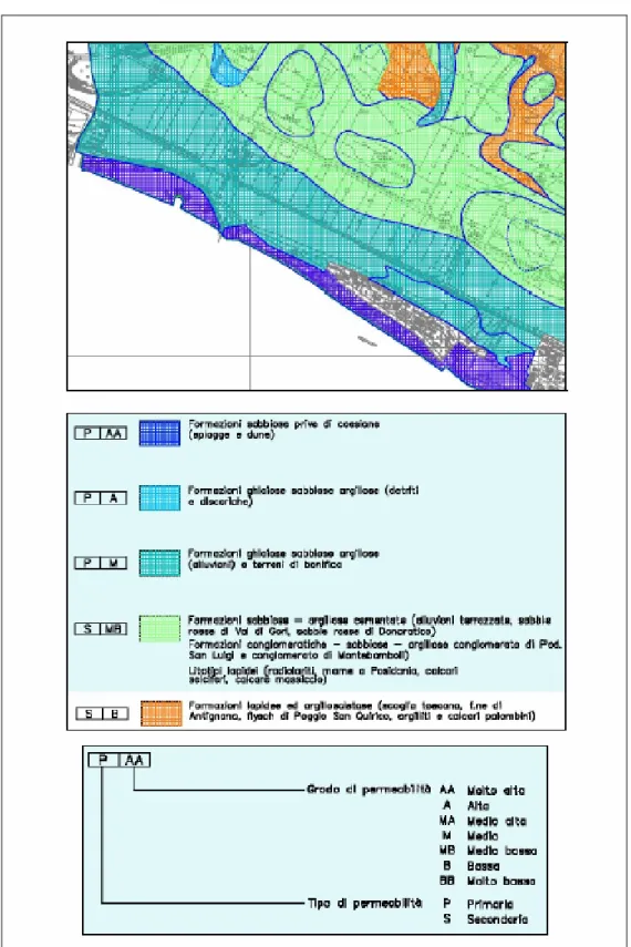 Fig. 4.29. Carta permeabilità: stralcio tavola 11c Piano Strutturale Comune di  Follonica           e stralcio legenda