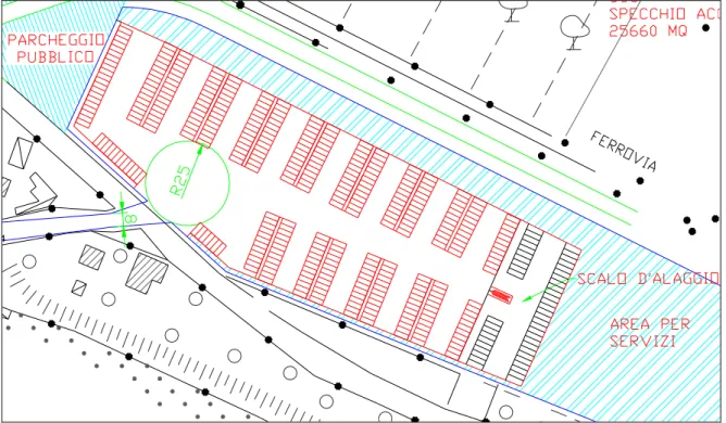 Fig. 5.6  Darsena completa di parcheggio a terra per imbarcazioni ( parcheggi in nero )