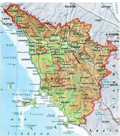 Figura 1. Cartina della Toscana con indicato in rosso il Comune di Cascina.  