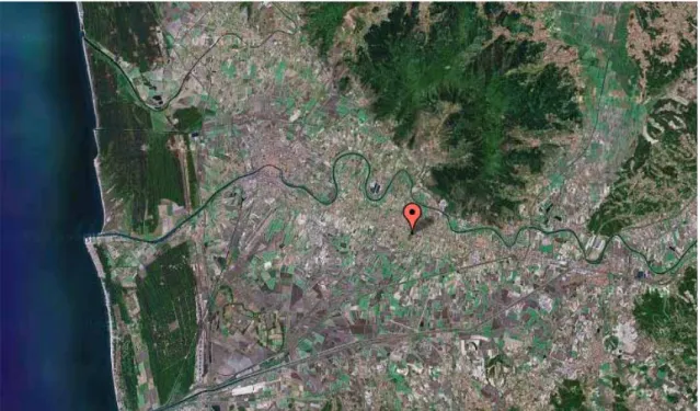 Figura 2. Immagine satellitare della territorio della Provincia di Pisa, in rosso Cascina (dal sito  www.comuni-italiani.it)