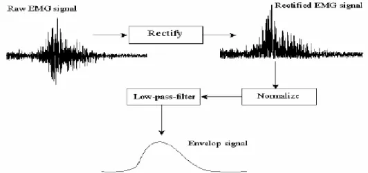 Figura 5. Processo di elaborazione del segnale EMG per ottenerne l'inviluppo.