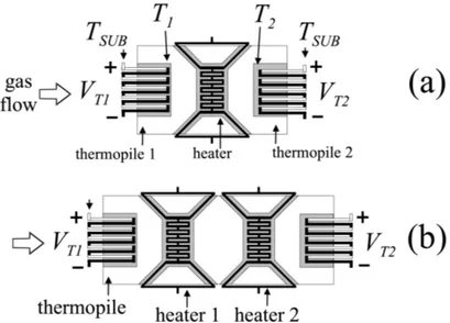 Figura 2.22: vista schematica di un flussimetro a singolo riscaldatore (a); a doppio riscaldatore (b).