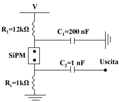 Figura 3.3: Circuito di front-end utilizzato per leggere il segnale prodotto dai SiPM.