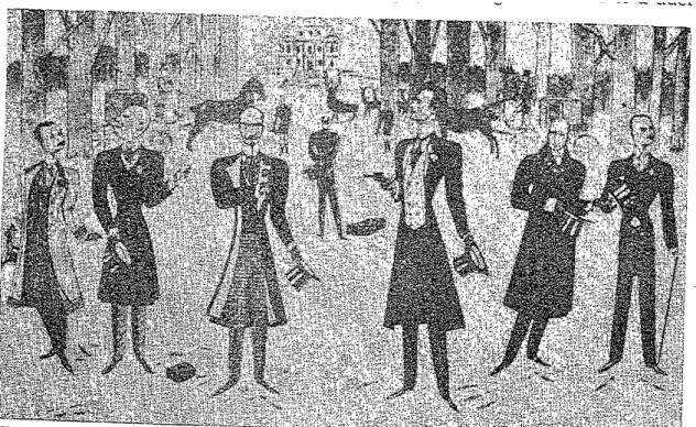 Figura 2 (sopra): Il disegno che coparì sul «Politiken» del 04.02.1900 a illustrazione del duello tra  Edvard Brandes e Robert Schyberg