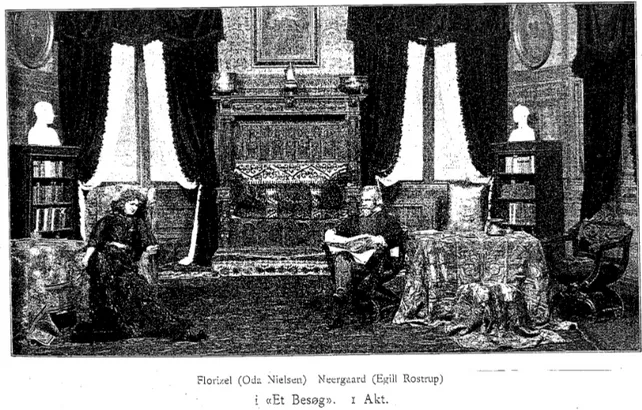 Figura 9: Una scena di Et Besøg con Oda Nielsen nella parte di Florizel e Egill Rostrup nella parte di  Neergaard